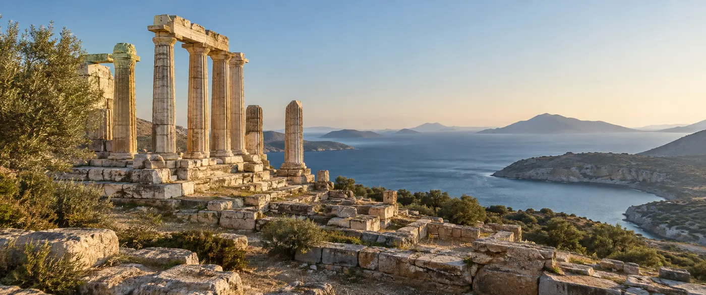 Archaeological landscape with an ancient temple and the Aegean Sea