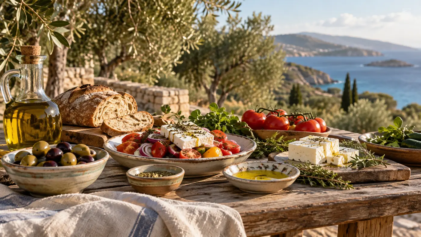 Authentic Greek table with Mediterranean produce